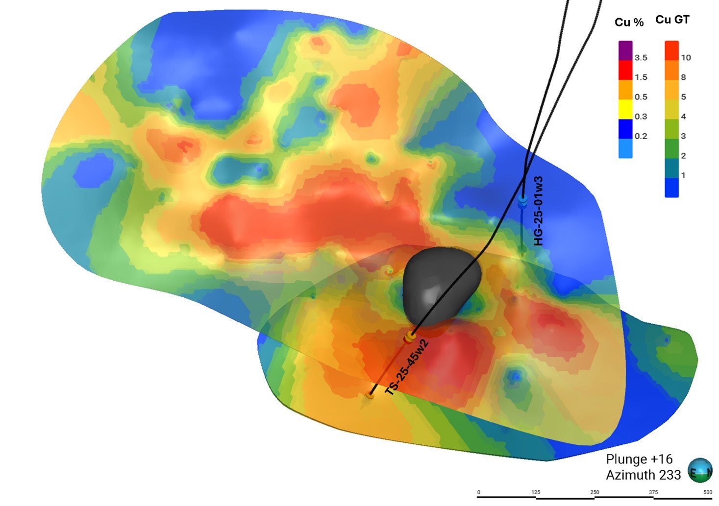 Figure 3 – Longitudinal section view of the Tesla Main Lens displaying grade-thickness contouring of the copper grades within the lens. Note: The grey body related to TS-25-45 in the figure represents to a mafic intrusion that cuts the horizon in this location (CNW Group/Foran Mining Corporation) Figure 3 – Longitudinal section view of the Tesla Main Lens displaying grade-thickness contouring of the copper grades within the lens. Note: The grey body related to TS-25-45 in the figure represents to a mafic intrusion that cuts the horizon in this location (CNW Group/Foran Mining Corporation)
