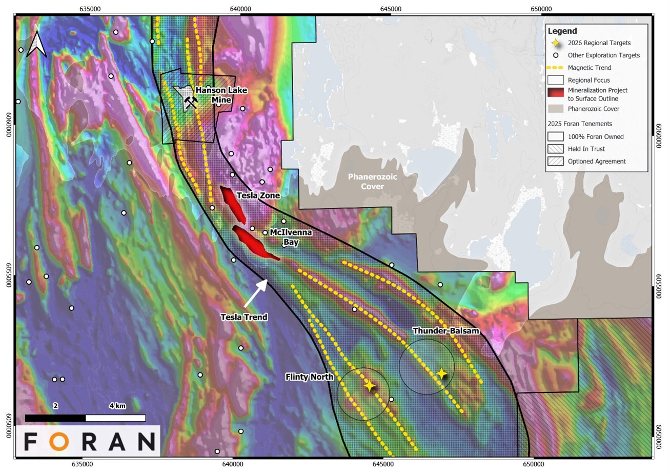 Figure 6 – Total Field Magnetic Map for the McIlvenna Bay Property showing the prospective trends and the Location of the Thunder and Flinty Zones. (CNW Group/Foran Mining Corporation) Figure 6 – Total Field Magnetic Map for the McIlvenna Bay Property showing the prospective trends and the Location of the Thunder and Flinty Zones. (CNW Group/Foran Mining Corporation)
