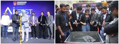 Jainder Inder Singh Sandhu, Sr. Director Chandigarh University launching Sandbox Residential Program; & the students performing ‘Confloat competition during AI Fest at Chandigarh University.