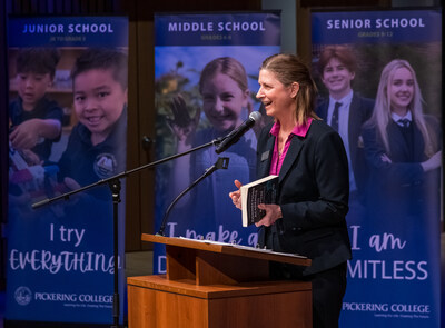 Dr. Cinde Lock addresses attendees at the February 19, 2026 launch of her book at Pickering College in Newmarket, calling for a shift toward connection-first, real-world learning. (CNW Group/Pickering College)