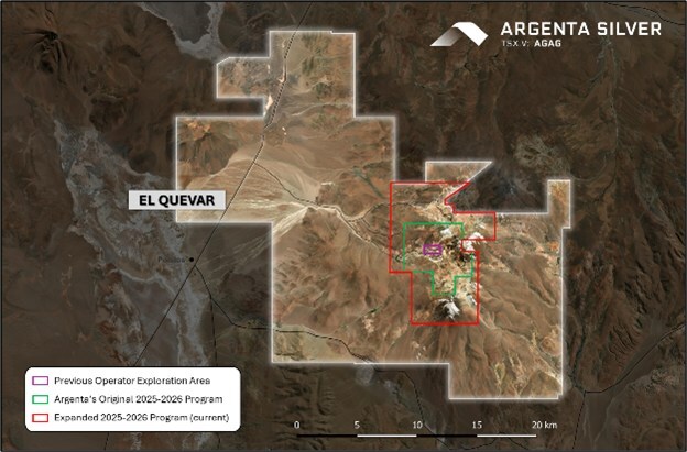 Figure 5. Map displaying the expanded exploration footprint for the upsized 2025-2026 Summer Program at El Quevar. (CNW Group/Argenta Silver Corp.) Figure 5. Map displaying the expanded exploration footprint for the upsized 2025-2026 Summer Program at El Quevar. (CNW Group/Argenta Silver Corp.)