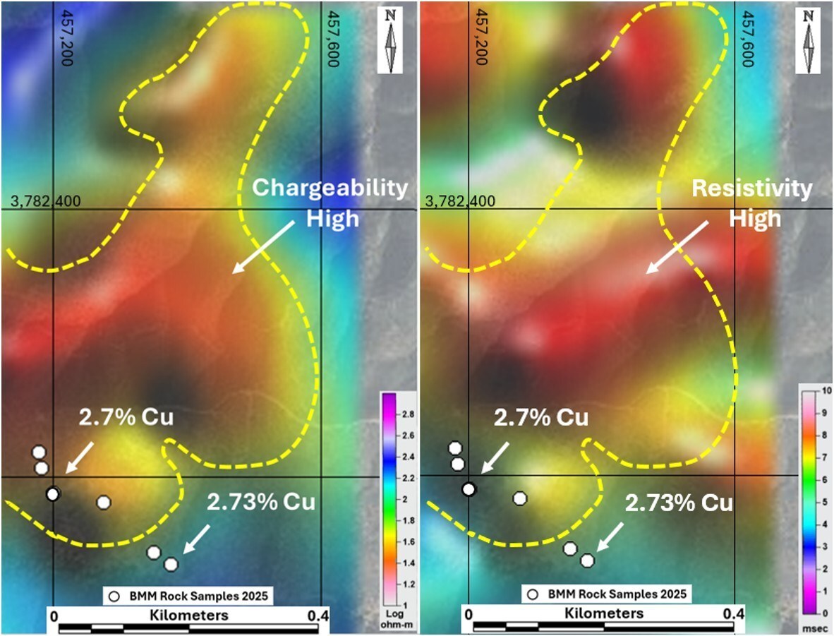Figure 1 – Chargeability High and Resistivity High 100-150m Depth Slice With High-Grade Copper Rock Chip Sample Locations. (CNW Group/Black Mammoth Metals Corp) Figure 1 – Chargeability High and Resistivity High 100-150m Depth Slice With High-Grade Copper Rock Chip Sample Locations. (CNW Group/Black Mammoth Metals Corp)