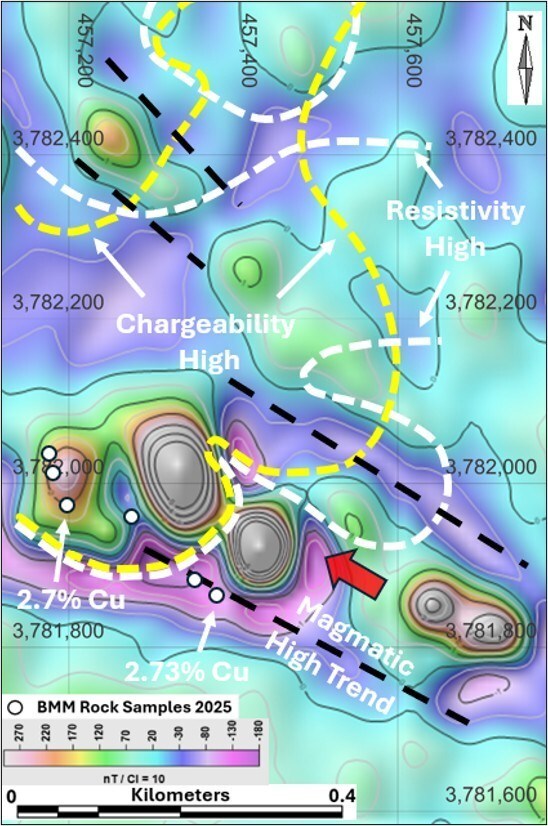 Figure 2 – Reduced to Pole (RTP) Magnetics with Interpreted NW Trending Structures and Overlapping Chargeability High and Resistivity High Dashed Contours. (CNW Group/Black Mammoth Metals Corp) Figure 2 – Reduced to Pole (RTP) Magnetics with Interpreted NW Trending Structures and Overlapping Chargeability High and Resistivity High Dashed Contours. (CNW Group/Black Mammoth Metals Corp)