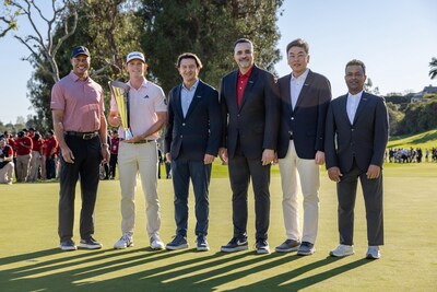 From left to right: Tiger Woods; Jacob Bridgeman, 2026 Genesis Invitational winner; Jose Munoz, President & CEO, Genesis; Randy Parker, CEO, Genesis Motor North America; Sean Lee, Global Head of Genesis; Tedros Mengiste, Chief Operating Officer, Genesis Motor North America