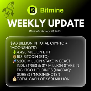 Bitmine Immersion Technologies (BMNR) anuncia que sus tenencias de ETH alcanzan los 4.423 millones de tokens y que sus tenencias totales de criptomonedas y efectivo ascienden a 9,6 mil millones de dólares