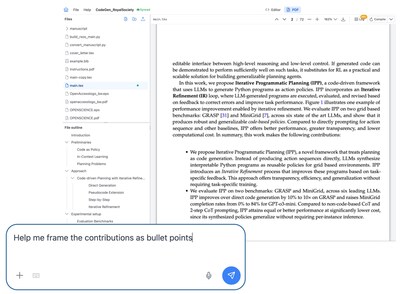 Start a paper, slide deck, or report with a single prompt. GRAIL generates the full LaTeX project and automatically compiles it in the background, so you can focus on ideas instead of setup, errors, or tooling.
