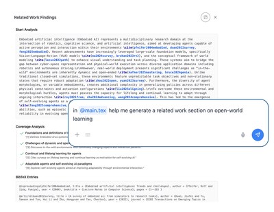 Prompt GRAIL with a research topic and watch it generate a coherent related-work section - complete with LaTeX bibs and cite commands - inserted directly into your project.