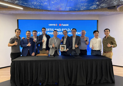 Certis President and Group CEO Ng Tian Beng (fifth from left) and FieldAI Founder and CEO Ali Agha (fifth from right) at the signing ceremony formalising the strategic partnership between Certis and FieldAI, aimed at advancing scalable autonomous robotics in live security environments.