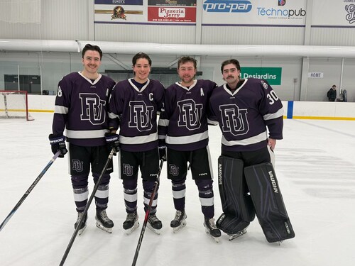 (L to R): Marc-Antoine Lagacé (#88, left winger), Joseph Aubert (#8, defenseman), Jack McGowan (#83, defenseman), Jack MacFarland (#30, goaltender)