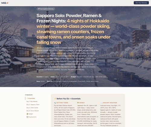 Sample Tabiji.ai itinerary for Sapporo