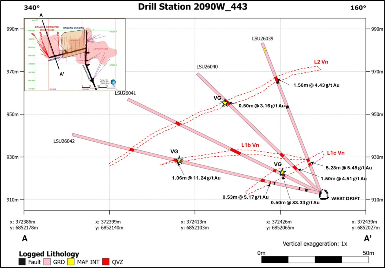 Figure 3. Cross-section view through drill stations 443 and 464 fans showing logged geology, interpreted vein location, logged visible gold occurrences and reported Au assays. A-A’ Drill fan through drill station 443 looking east. B-B’ Drill fan through drill station 464 looking east. (CNW Group/Contango Ore)