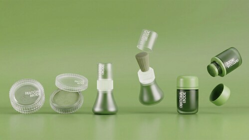 Sneak peak at IBG Matcha Mode packaging collection for MakeUp in LA 2026. Sensorial Touch Glass Jar (Left), Kabuki Bloom (Middle), Scent Trace (Right)