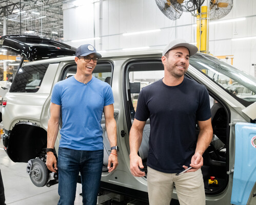 RJ Scaringe, CEO of Rivian and Mark Rober, founder of CrunchLabs at Rivian
