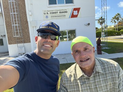 Vice Adm. Manson Brown, U.S. Coast Guard (Ret.), right, visits Coast Guard Station Marathon in Marathon, Florida, on Feb. 19, 2026, during the first leg of his long-distance ride in support of Coast Guard Mutual Assistance. (Photo courtesy of Manson Brown)