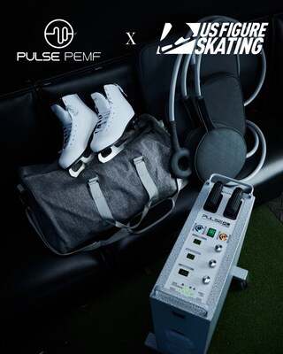Pulse PEMF machine and accessories shown with figure skates, highlighting the partnership between Pulse PEMF and US Figure Skating.