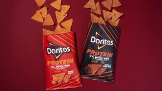 New Doritos Protein Nacho Cheese (left) pictured next to Doritos Protein Sweet and Tangy BBQ (right). Photo credit: Brielle Patton, D3 Studio