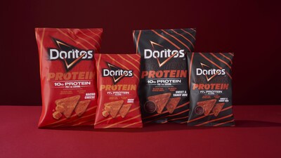 New Doritos Protein Nacho Cheese 7oz and single-serve (left) pictured next to Doritos Protein Sweet and Tangy BBQ 7oz and single-serve (right). Photo credit: Brielle Patton, D3 Studio.