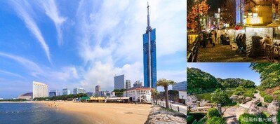 左圖：福岡塔‐可從地上123公尺高的展望室眺望福岡街景與博多灣等360度全景。右上圖：福岡市首屈一指的繁華街區天神。右下圖：擁有美麗日本庭園的大濠公園