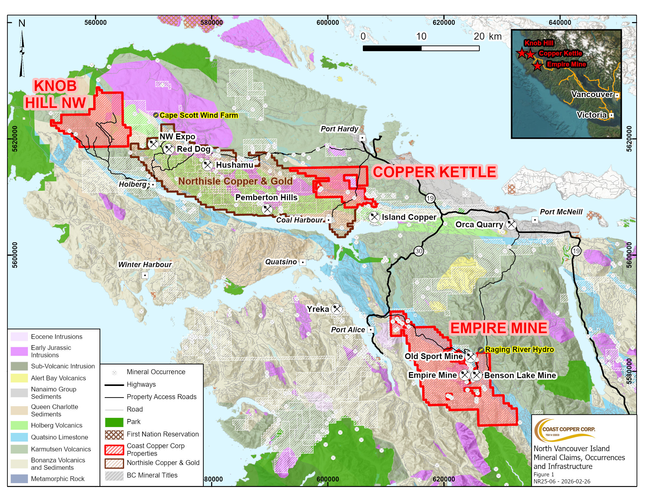 Figure 1: North Vancouver Island Mineral Claims, Occurrences and Infrastructure (CNW Group/Coast Copper Corp.)