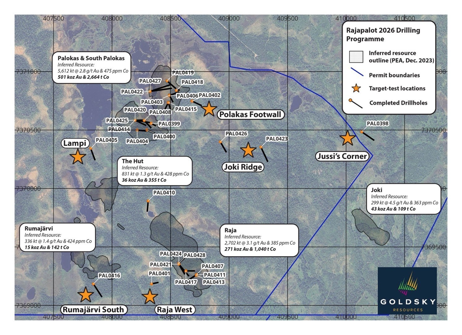 Figure 1. Drilling update from the Rajapalot project 2026 winter drilling campaign. To date, a total of 6,073 metres of drilling has been completed from 31 drillholes. A total of 4,727 metres of infill drilling has been completed from 23 drillholes, while a total of 1,346 metres of Target Test drilling from 8 drillholes. (CNW Group/Goldsky Resources Corp.) Figure 1. Drilling update from the Rajapalot project 2026 winter drilling campaign. To date, a total of 6,073 metres of drilling has been completed from 31 drillholes. A total of 4,727 metres of infill drilling has been completed from 23 drillholes, while a total of 1,346 metres of Target Test drilling from 8 drillholes. (CNW Group/Goldsky Resources Corp.)