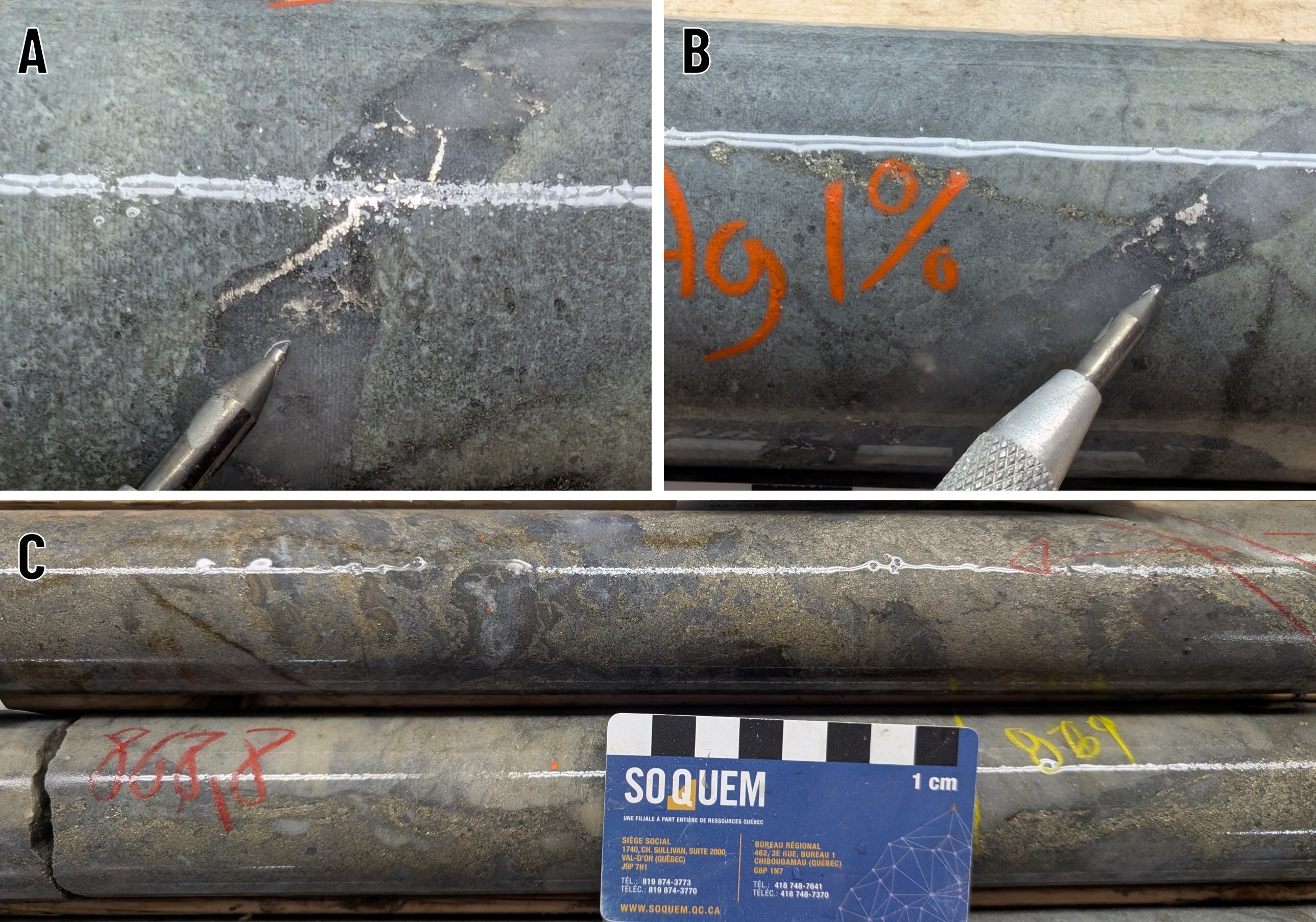 Figure 4. A and B: Examples of quartz-sulphide-native silver veins intersected between 857.35 m and 865.95 m in hole 1338-26-093A. C: A 1.70-m portion of semi-massive pyrite-sphalerite-galena-chalcopyrite mineralization starting at a depth of 865.95 m in the same hole. (CNW Group/Soquem inc.)