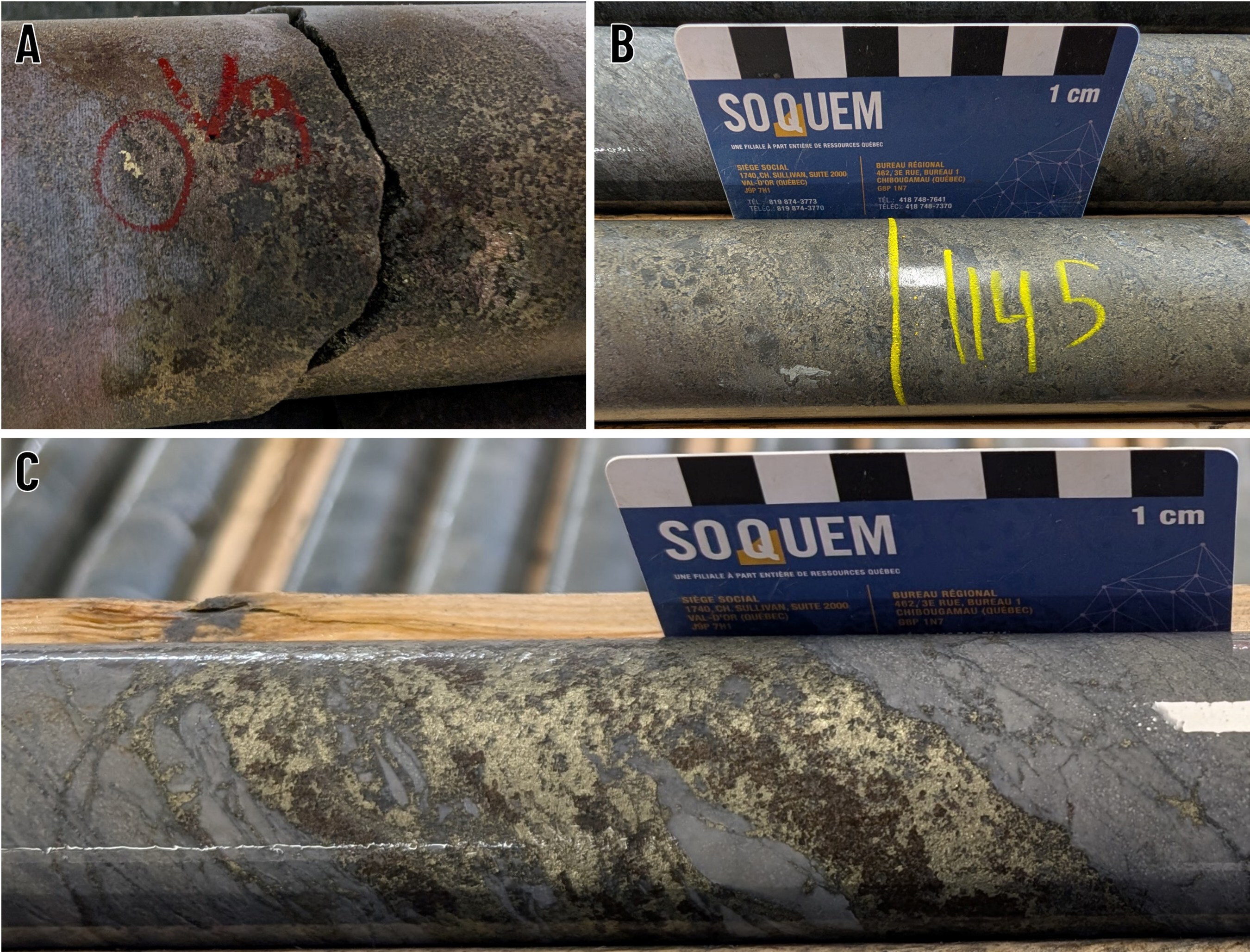 Figure 5. A: Occurrence of visible gold accompanied by chalcopyrite in hole 1338-26-093A at a depth of 1,020.50 m. B: Example of massive pyrite intersected at a depth of 1,145 m in the same hole. C: Example of chalcopyrite, sphalerite and pyrite mineralization at a depth of 1,129 m, close to the massive pyrite horizon. (CNW Group/Soquem inc.)