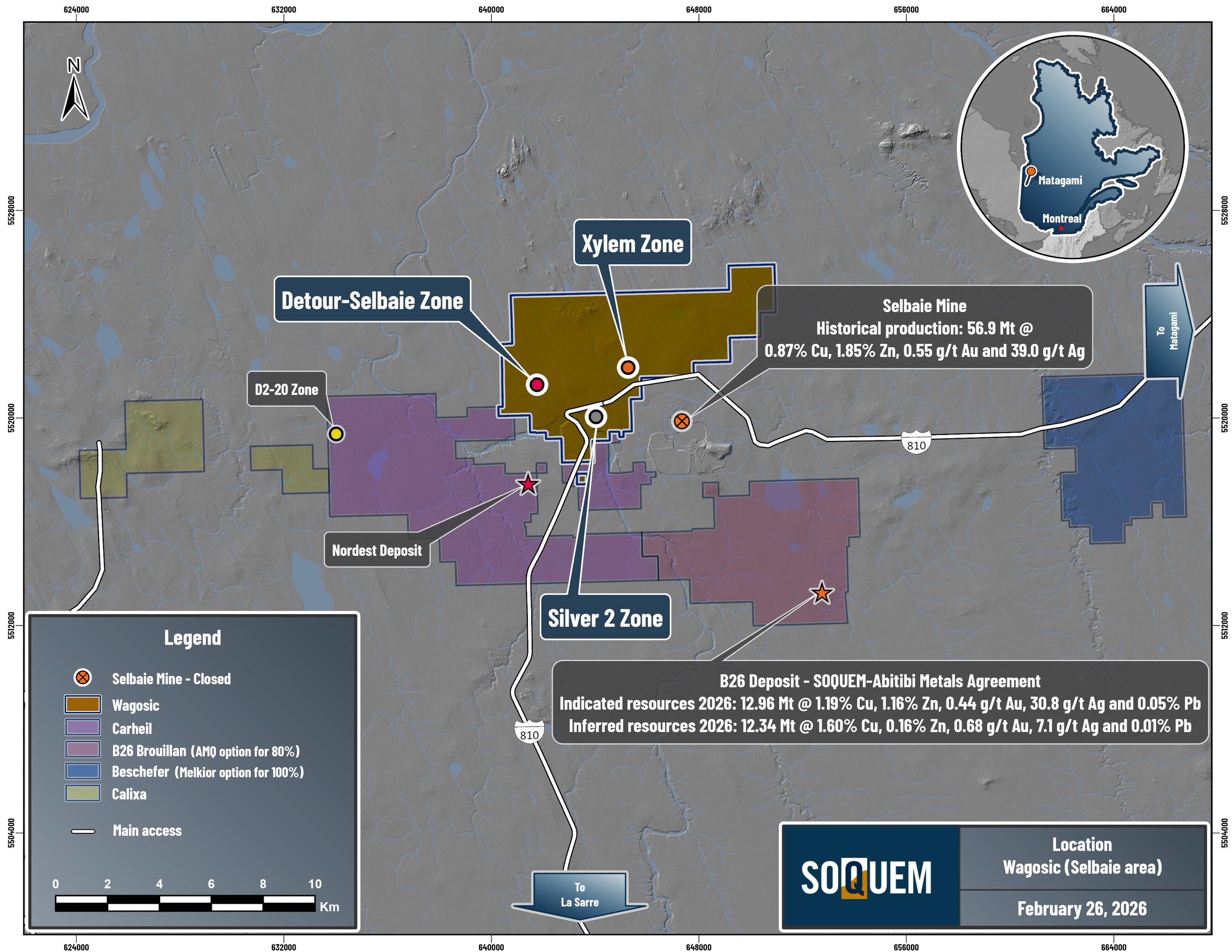 Figure 1. Location of Wagosic and other SOQUEM projects in the Selbaie area. (CNW Group/Soquem inc.)