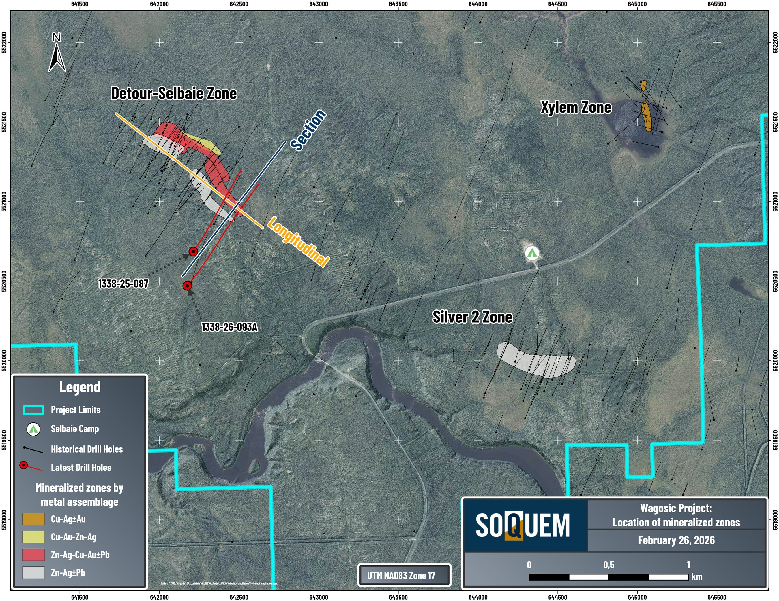 Figure 2. Plan view of the three main zones on the Wagosic project. (CNW Group/Soquem inc.)
