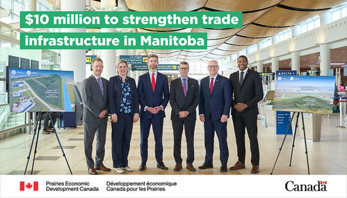 Scott Marohn, Vice President, Commercial, Winnipeg Airports Authority; Carly Edmundson, President & CEO CentrePort Canada Inc.; Nick Hays, President & Chief Executive Officer, Winnipeg Airports Authority; Doug Eyolfson, Member of Parliament for Winnipeg West; Mayor Scott Gillingham, City of Winnipeg; Honourable Jamie Moses, Minister of Business, Mining, Trade and Job Creation, Government of Manitoba; photo credit: David Lipnowski (CNW Group/Prairies Economic Development Canada)
