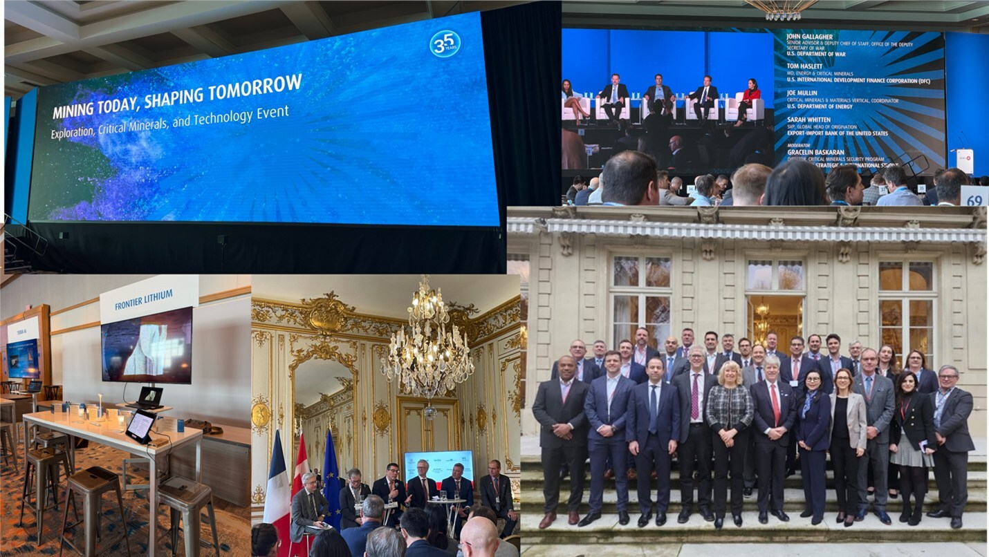 Figure A: Collage of images from Natural Resources Canada/Invest in Canada–led engagements in Europe, and the BMO Global Metals, Mining & Critical Minerals Conference. (CNW Group/Frontier Lithium Inc.) Figure A: Collage of images from Natural Resources Canada/Invest in Canada–led engagements in Europe, and the BMO Global Metals, Mining & Critical Minerals Conference. (CNW Group/Frontier Lithium Inc.)