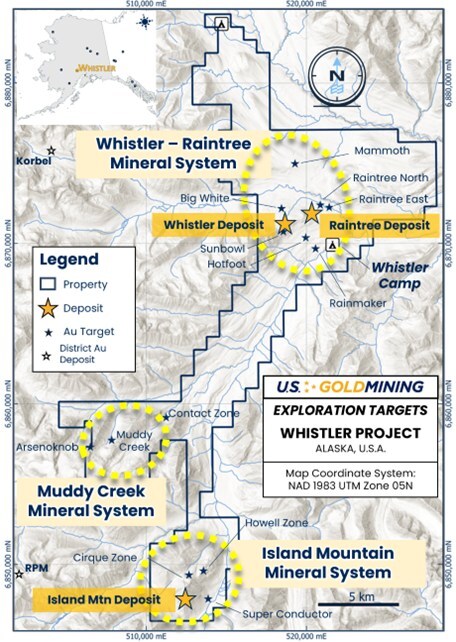 Figure 3: The Whistler Project, containing three gold ± copper ± silver mineral systems: Whistler – Raintree which contains the existing Whistler and Raintree deposits, Island Mountain which contains the namesake gold deposit and several additional undrilled targets, and Muddy Creek which contains potential for discovery of an intrusive-related gold system (CNW Group/U.S. GoldMining Inc.) Figure 3: The Whistler Project, containing three gold ± copper ± silver mineral systems: Whistler – Raintree which contains the existing Whistler and Raintree deposits, Island Mountain which contains the namesake gold deposit and several additional undrilled targets, and Muddy Creek which contains potential for discovery of an intrusive-related gold system (CNW Group/U.S. GoldMining Inc.)