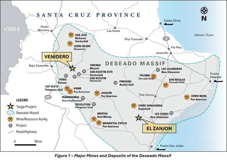 Figure 1 - Major Mines and Deposits of the Deseado Massif (CNW Group/Targa Exploration Corp.) Figure 1 - Major Mines and Deposits of the Deseado Massif (CNW Group/Targa Exploration Corp.)