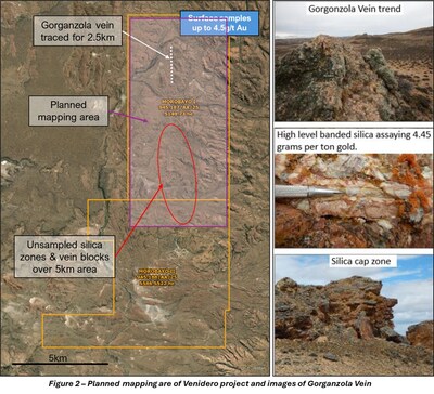Figure 2 - Planned mapping are of Venidero project and images of Gorganzola Vein (CNW Group/Targa Exploration Corp.)