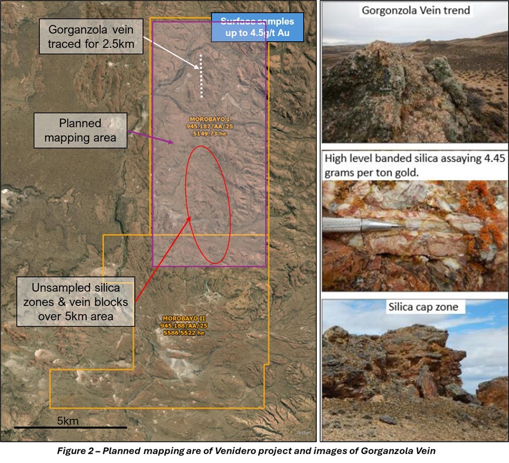 Figure 2 - Planned mapping are of Venidero project and images of Gorganzola Vein (CNW Group/Targa Exploration Corp.)