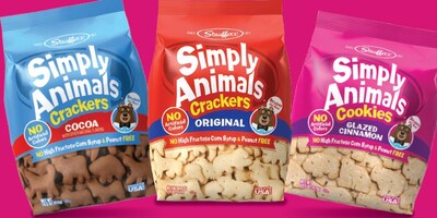 Stauffer's Simply Animals are made in a peanut-free facility and without high-fructose corn syrup or artificial colors. Three flavors include Original, Cocoa and Glazed Cinnamon. Stauffer's Simply Animals are made in a peanut-free facility and without high-fructose corn syrup or artificial colors. Three flavors include Original, Cocoa and Glazed Cinnamon.