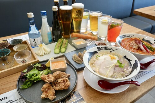 Ramen Chikumo's menu with beer, sake, and cocktails. Celebrating alcohol license with $2 Sapporo (16oz) through March 31 at Sawtelle.