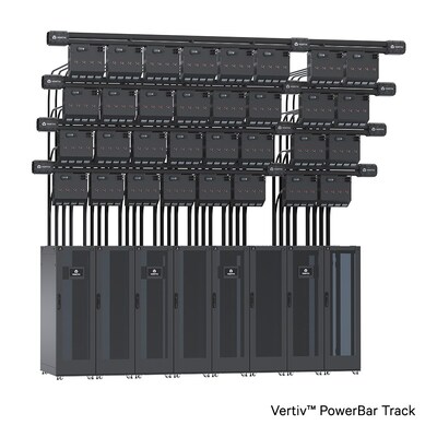 The Vertiv™ PowerBar Track double-stack design supports higher capacity and can scale vertically, optimizing white space. © Vertiv Group Corp.