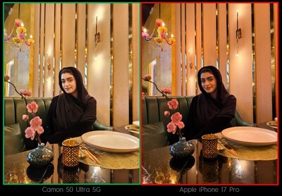 TECNO CAMON 50 Ultra 5G (left) vs. competitor (right): Universal Tone technology delivers more accurate, radiant skin tones in indoor lighting. TECNO CAMON 50 Ultra 5G (left) vs. competitor (right): Universal Tone technology delivers more accurate, radiant skin tones in indoor lighting.