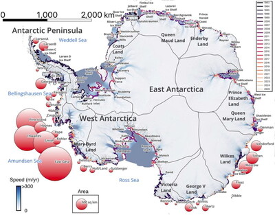A study led by UC Irvine researchers using 30 years of satellite data has shown that 23 percent of Antarctica’s ocean-reaching glaciers are undergoing rapid retreat. Worst hit are glaciers in the vicinity of the Amundsen Sea and Bellingshausen Sea in West Antarctica and glaciers in Wilkes Land in East Antarctica.