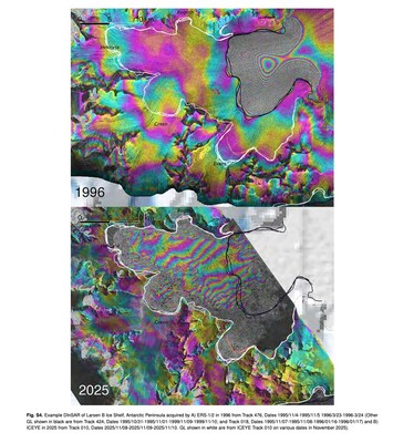 Side-by-side DInSAR satellite radar interferograms of the Larsen B Ice Shelf area on the Antarctic Peninsula, comparing an ERS-1/2 example from 1996 (top) with an ICEYE example from 2025 (bottom).