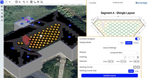 Place SunStyle solar shingles in the signature diamond pattern layout with a single click, easily adjust configurations, and watch production estimates update in real time as you modify active and inactive shingles.