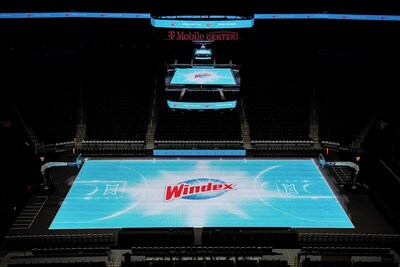 The ASB GlassFloor LED court features integrated technology capable of displaying dynamic digital graphics beneath the playing surface