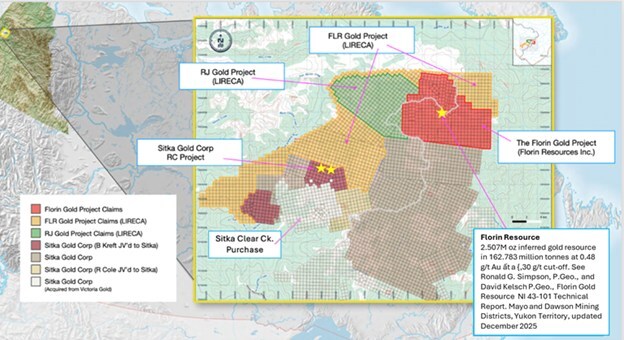 Figure 1. The Florin Gold Project, the FLR Gold Project and the RJ Gold Project, relative to Sitka Gold’s RC project. (CNW Group/Gold Strike Resources Corp.) Figure 1. The Florin Gold Project, the FLR Gold Project and the RJ Gold Project, relative to Sitka Gold’s RC project. (CNW Group/Gold Strike Resources Corp.)