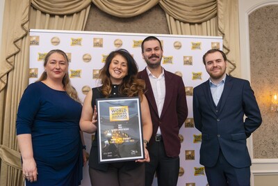Emma Millar, Head Distiller, and Jake Walpole, Assistant Head Distiller, are pictured with the judges celebrating Hinch Distillery’s success at the World Whiskies Awards Ireland 2026, including Best Irish Small Batch Single Malt, alongside wins for the 15 Year Old Sherry Cask Finish and 5 Year Old Double Wood Madeira Cask Finish.  PHOTO CREDIT: Simon Peare, SP Photo Ltd (PRNewsfoto/Hinch Distillery)