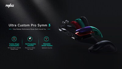 Ultra Custom Pro Symm 3 - the world's first fully modular performance mouse, featuring toolless shape customization, hot-swappable switches, and adjustable sensor positioning.