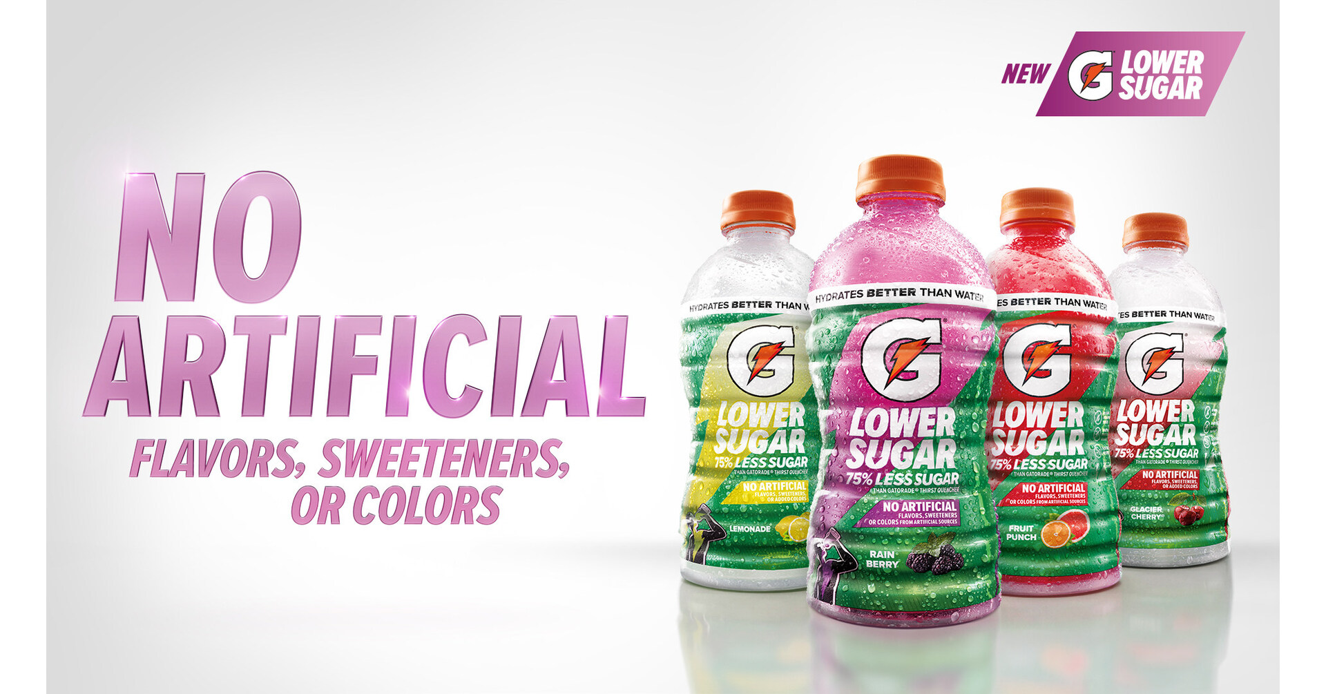 GATORADE LOWER SUGAR BRINGS A NEW ERA OF HYDRATION WITH NO ARTIFICIAL FLAVORS, SWEETENERS OR COLORS AND 75% LESS SUGAR THAN GATORADE THIRST QUENCHER