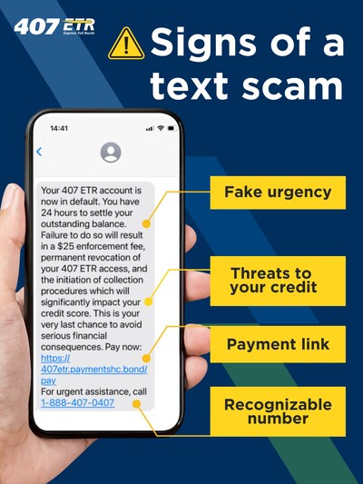 Example of a scam text message impersonating 407 ETR, using urgent language and misleading links to trick customers. (CNW Group/407 ETR Concession Company Limited)