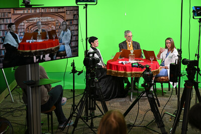 Studio shot of (L-R) actor Jennifer Mikulski as Dr. Elizabeth Blackwell, moderator Dan Collins and Mercy Medical Center gynecologist/surgeon Dr. Ann Peters. Studio shot of (L-R) actor Jennifer Mikulski as Dr. Elizabeth Blackwell, moderator Dan Collins and Mercy Medical Center gynecologist/surgeon Dr. Ann Peters.