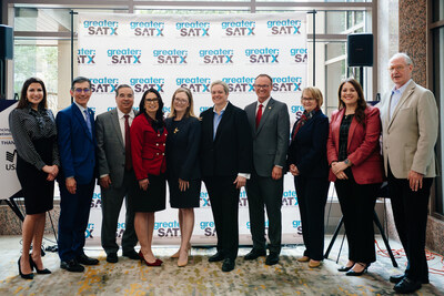 San Antonio regional leaders announce unified educational attainment goal. From left to right: City Councilmember Marina Alderete Gavito, Dr. Mike Flores, Alamo Colleges, Dr. Hector Ochoa, Texas A&M University-San Antonio, Romanita Matta-Barrera, greater:SATX, Sarah Carabias Rush, greater:SATX, Susan MacCabe, USAA, Dr. Thomas Evans, University of the Incarnate Word, Dr. Vanessa Beasley, Trinity University, City Councilmember Ivalis Meza Gonzalez, Dr. Taylor Eighmy, UT San Antonio.