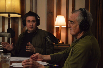 Philip Greenwood (left) interviews Ashley Smith, the campaigner whose investigation into sewage pollution inspired the Channel 4 drama Dirty Business, during recording of the People vs Sewage podcast. Photo credit: Ella McGrorty.